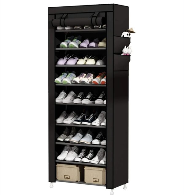  9 Tier Shoe Rack with Dustproof Cover Shoe Shelf Storage Organizer Black | EZ Auction