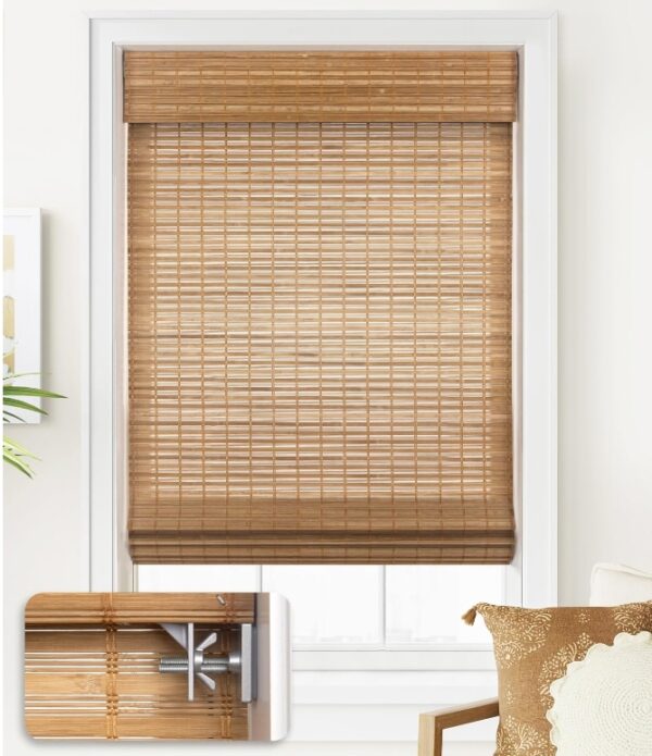 LazBlinds No Tools No Drill Cordless Bamboo Roman Shades, Light Filtering Window Treatment, Roll Up Bamboo Blinds for Window 28'' W x 64'' H, Squirrel | EZ Auction