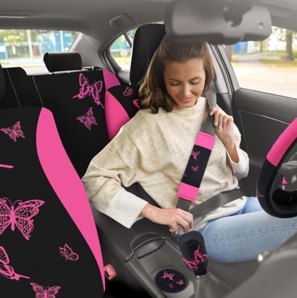 *** USED ***BBTO 43 Pcs Butterfly Car Seat Full Set Butterfly Car Accessories for Women 5 Front Rear Seat Covers Wrist Strap 2 Pieces Cup Mat Armrest Pad 2 Seat Belt Cover Accessories for SUV Car (Pink, Black) | EZ Auction