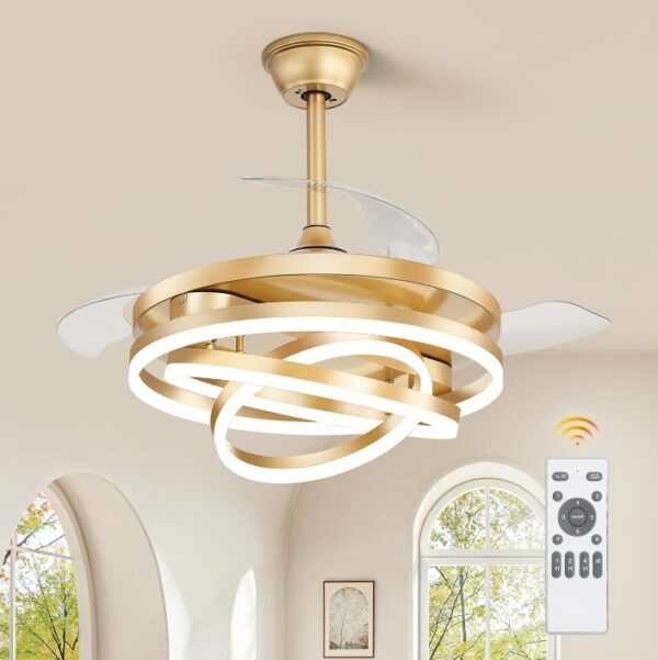 LEDIARY 42 Inch Retractable Ceiling Fan with Lights, Fandelier Ceiling Fan with 6 Speeds,3000K-6000K Adjustable,and DC Motor,Chandelier Ceiling Fans with Lights and Remote for Bedroom Living Room,Gold | EZ Auction