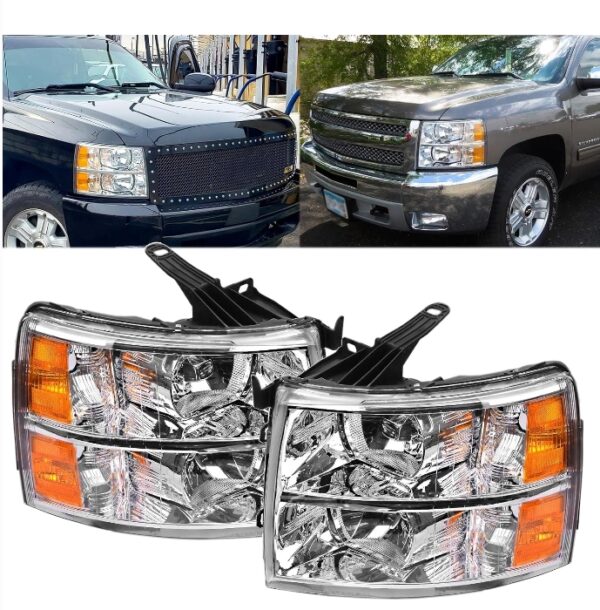 Headlights Assembly for 2007-2013 Chevy Silverado 1500,07-14 Silverado 2500HD 3500 Head light Headlamp Pair, Chrome Housing Amber Side | EZ Auction