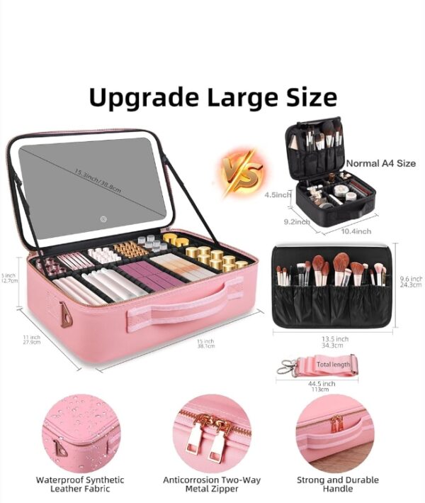 15“×11“ Large Pink Makeup Bag with Mirror, Personal Item Travel Bag with Makeup Mirror 3 Lights, Waterproof Train Case with Mirror and Light Adjustable Dividers,Large Professional Lighted Makeup Case | EZ Auction