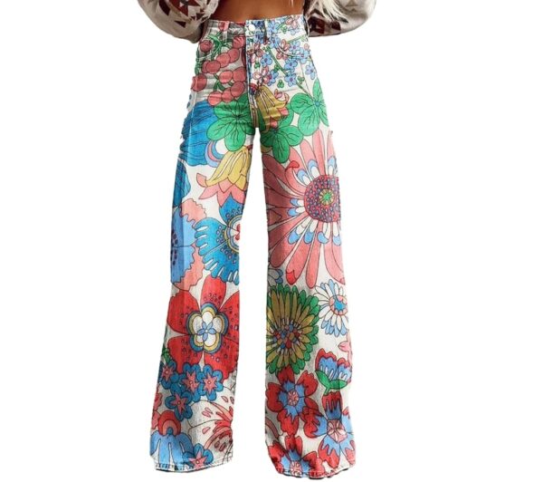 *** SIZE L *** Women Palazzo Pants Boho Floral Print Wide Leg High Waisted Lounge Jeans with Pockets | EZ Auction