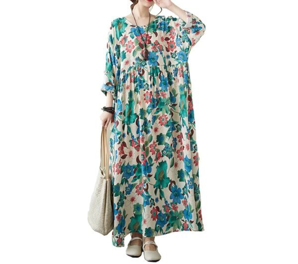 *** SIZE XL *** Womens Long Sleeve Floral Long Bohemian Maxi Dress Casual Linen O-Neck Loose Beach Vacation Skirts | EZ Auction