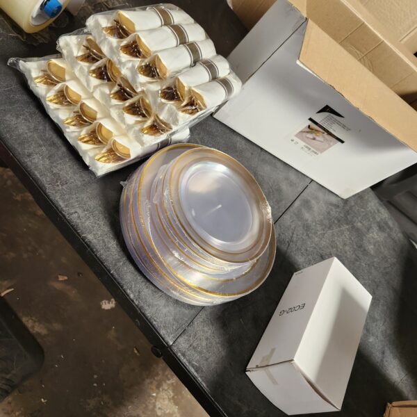 I00000 210Pcs Clear Gold Plastic Plates for 30 Guests, Clear Plastic Plates and plastic dinnerware set Includes: 30 Dinner Plates, 30 Dessert Plates, 30 Gold Cups, 30 Per Rolled Napkins with Cutlery | EZ Auction