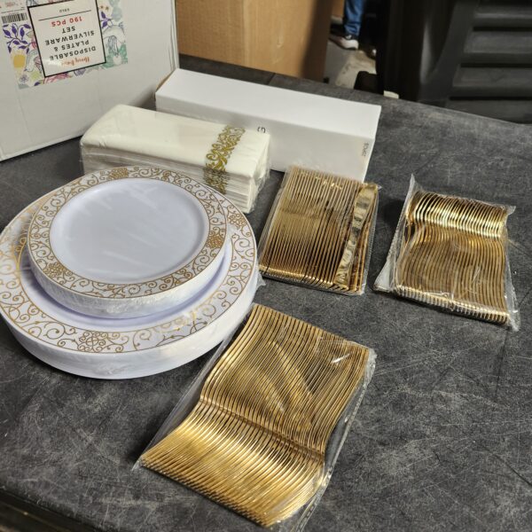 Goodluck 175 Piece Gold Dinnerware Set for 25 Guests, Plastic Plates Disposable for Party, Include: 25 Gold Rim Dinner Plates, 25 Dessert Plates, 25 Paper Napkins, 25 Cups, 25 Gold Silverware Set | EZ Auction