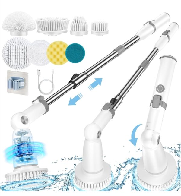 Electric Spin Scrubber, Cordless Shower Scrubber with 8 Replaceable Brush Heads, Bathroom Scrubber Electric Dual Speeds, Shower Cleaning Brush with Extension Arm for Tub Tile Floor(Grey&White) | EZ Auction