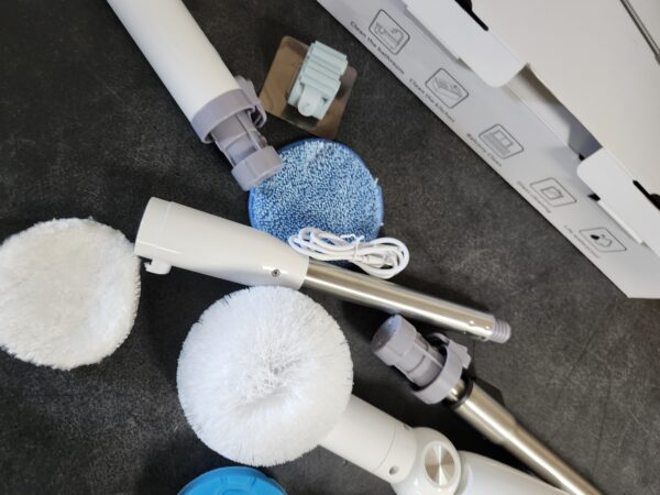 Electric Spin Scrubber, Cordless Shower Scrubber with 8 Replaceable Brush Heads, Bathroom Scrubber Electric Dual Speeds, Shower Cleaning Brush with Extension Arm for Tub Tile Floor(Grey&White) | EZ Auction