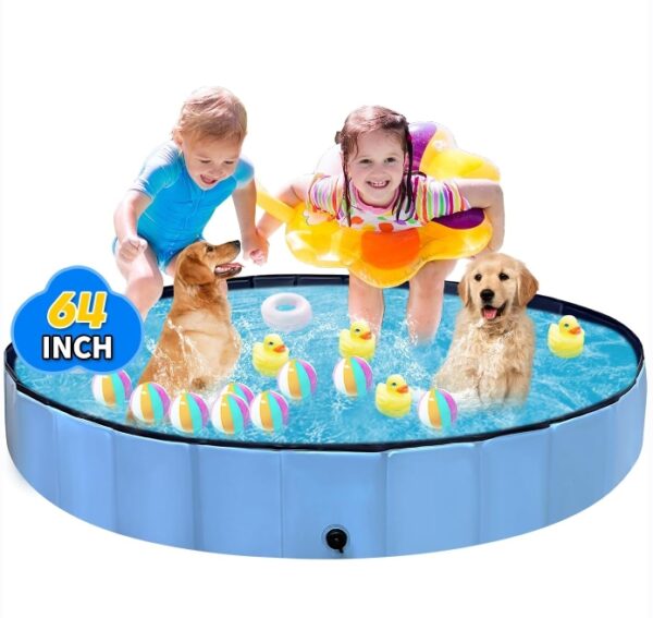 Foldable Dog Pool with RGB Lights, Kiddie Pool for Toddlers 1-3, 64" Blue Pet Bathing Tub, Swimming Pool for Kids, Collapsible Kids Pool for Backyard, 1 2 3 4 5 6 7 8 12+ Years Old Toddler Toy | EZ Auction