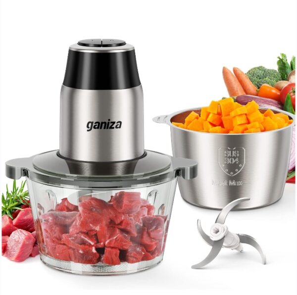 GANIZA Food Processors, Electric Food Chopper with Meat Grinder & Vegetable Chopper - 2 Bowls (8 Cup+8 Cup) with Powerful 450W Copper Motor - Includes 2 Sets of Bi-Level Blades for Fruits/Meat/Nuts | EZ Auction