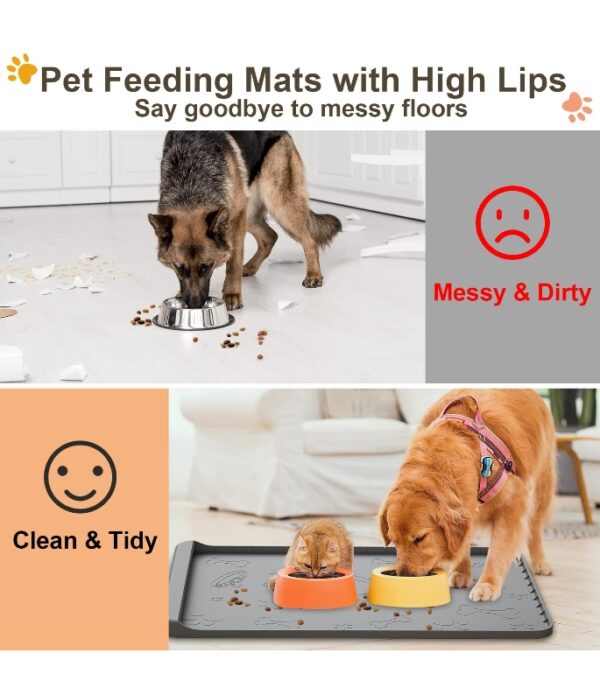 Dog Food Mat - Silicone Dog Mat for Food and Water - 36" x 24" Large Pet Feeding Mats with Residue Collection Pocket - Waterproof Dog Cat Bowl Mat with High Edges to Prevent Water Food Spills (Gray) | EZ Auction