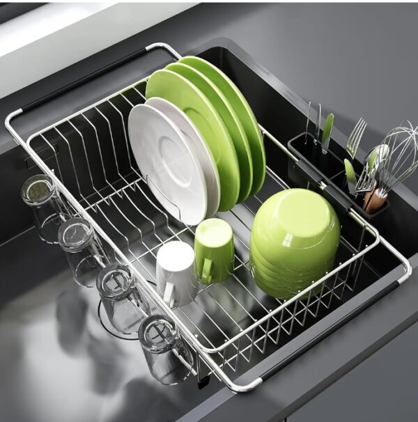 Dish Drying Rack in Sink - Expandable Stainless Steel Dish Drainers for Kitchen Counter, Dish Dryer Rack for Inside Sink, Over The Sink Dish Racks with Utensil Holder, Sink Colander, Silver | EZ Auction