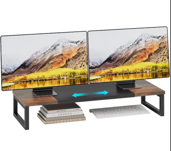 Expandable Dual Monitor Stand for Desk, Wood Monitor Riser Adjustable Length 19'' to 28'', Versatile Desktop Shelf for Gaming Computer Screens, Laptop, TV, Printer | EZ Auction