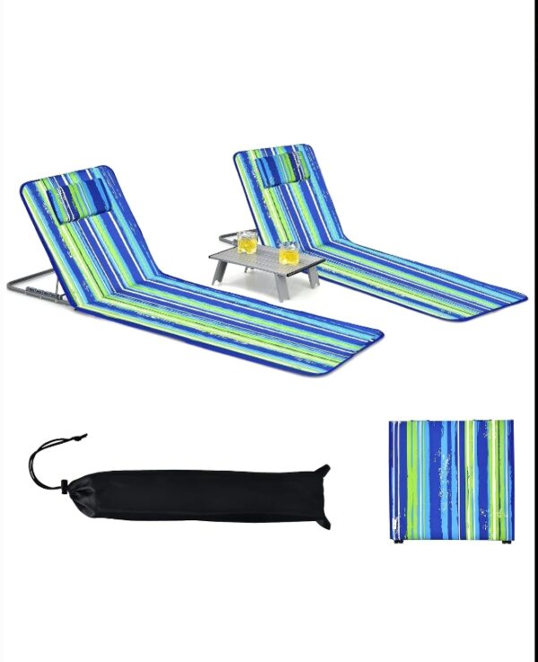 4PACK* Beach Chairs, Folding Tanning Lounge Chairs with Table Set, Adjustable Patio Floor Chair, Outdoor Sunbath Chair with Desk, Pillow & Storage Bag for Outside, Patio, Poolside (Blue Stripe) | EZ Auction