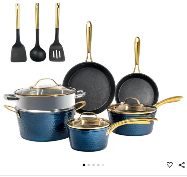 COLOR BLACK* Granitestone 15 Pc Kitchen Pots and Pans Set Non Stick, Pot and Pan Set, Kitchen Cookware Sets, Induction Cookware Set, Non Stick Pots and Pan Set with Lids, Pot Set, Dishwasher Safe, Navy Gold | EZ Auction