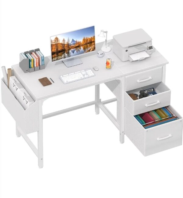 Lufeiya White Computer Desk with Fabric File Drawers Cabinet, 47 Inch Home Office Desks with Filing Cabinet for Small Space, Modern Writing Table PC Desks, White | EZ Auction