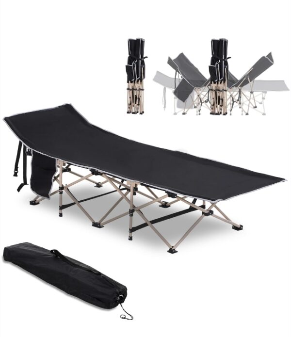 Folding Camping Cot for Adults with Carry Bag, Side Pocket, Outdoor Portable Sleeping Bed for Travel, Camp, Vacation, 330 lbs. Capacity, Black | EZ Auction