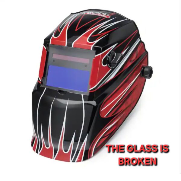 “**THE GLASS IS BROKEN* Lincoln Electric Auto-Darkening Welding Helmet with Variable Shade Lens No. 7-13 (1.73 x 3.82 in. Viewing Area), Red Fierce Design”