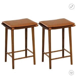 **OPEN BOX**Costway 25.5” Barstool Set of 2 Dining Barstools w/ Footrest & Removable Cushion Rubber Wood & Acacia Wood Frame