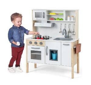 **OPEN BOX**Costzon Kids Kitchen Playset, Wooden Pretend Toddler Kitchen Toy Set w/Sound, Microwave, Oven, Ice Maker, Range Hood, Stoves, Sink & 18 Accessories, Pink Play Kitchen for Girls Ages 3+