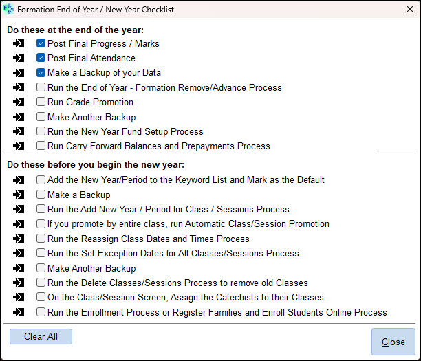 Formation End of Year / New Year Checklist showing tasks with checkboxes