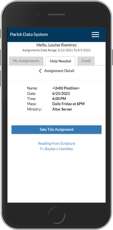 Assignment details for the assignment you want to take