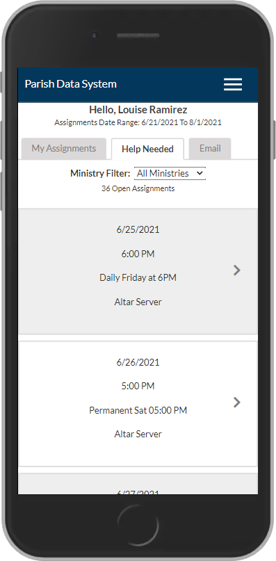 Help Needed tab in the Minister Web App showing open assignments