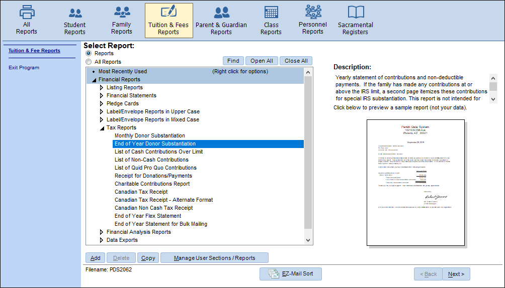 Tuition & Fees Reports list showing a report sample