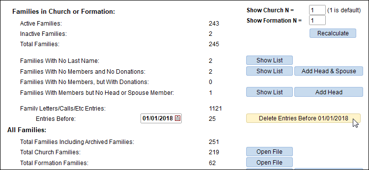 Clean Up Data process showing the new section for Family Letters/Calls/Etc Entries with the total number of entries, date field, number of entries before that date, and the Delete Entries Before (Date) button