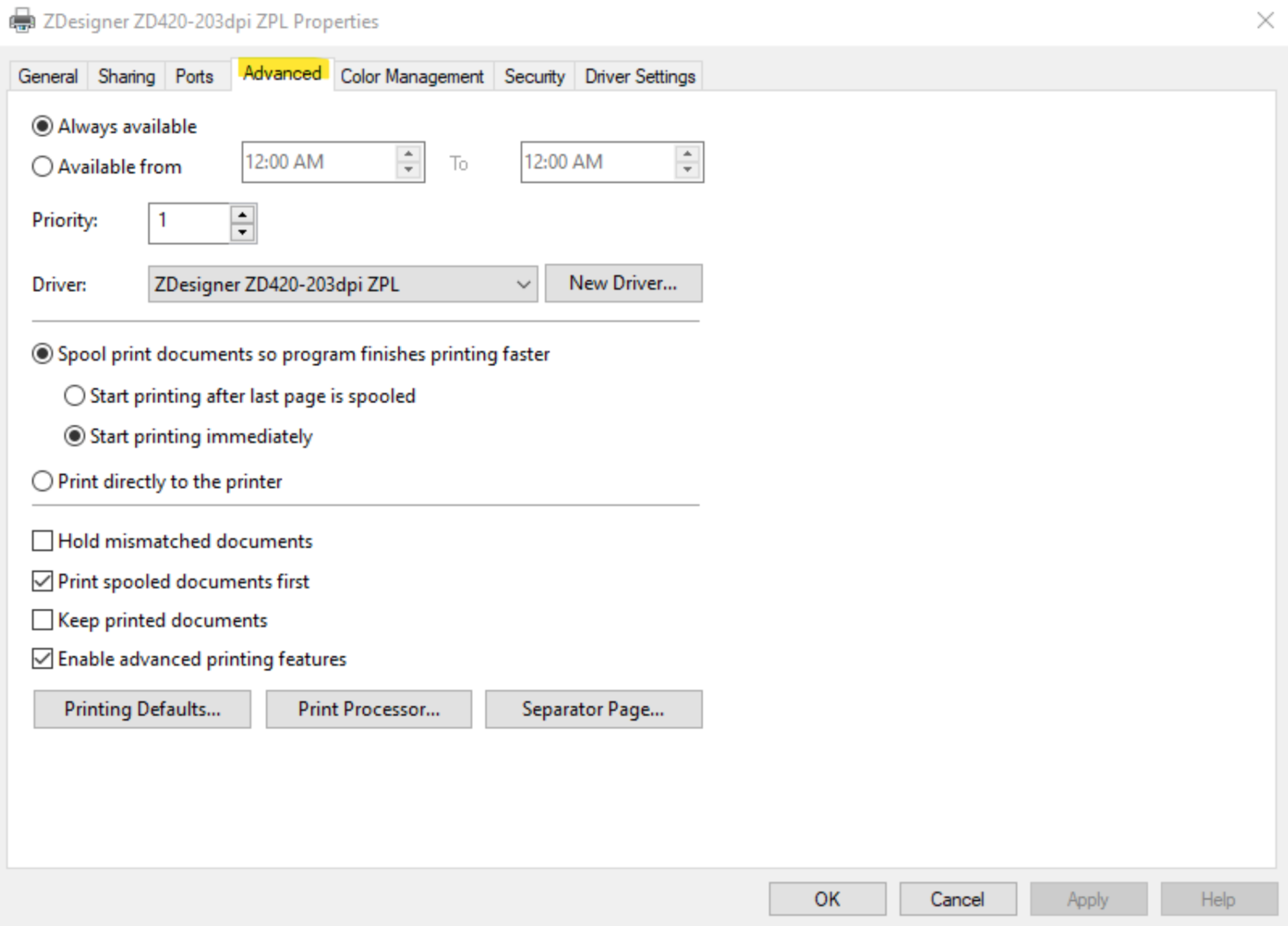 Image displaying the Advanced tab of the Configuration dialog box.