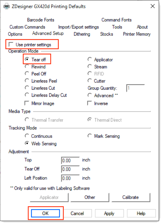 Image displaying the Printing Defaults dialog box. The Use Printer Settings button and Tear off option are outlined in red.