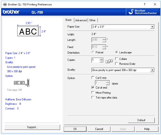 The Brother QL-700 Printing Preferences screen showing the Basic tab with an option for Paper Size