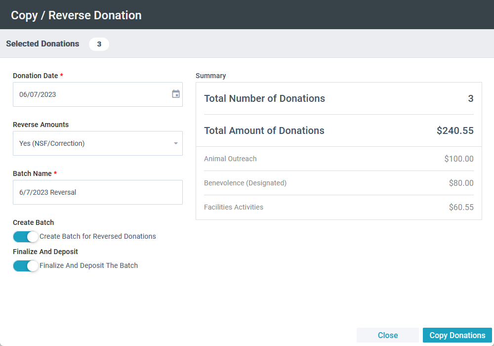 Screenshot of the Copy/Reverse Donation tool with three donations selected and the donation information displayed