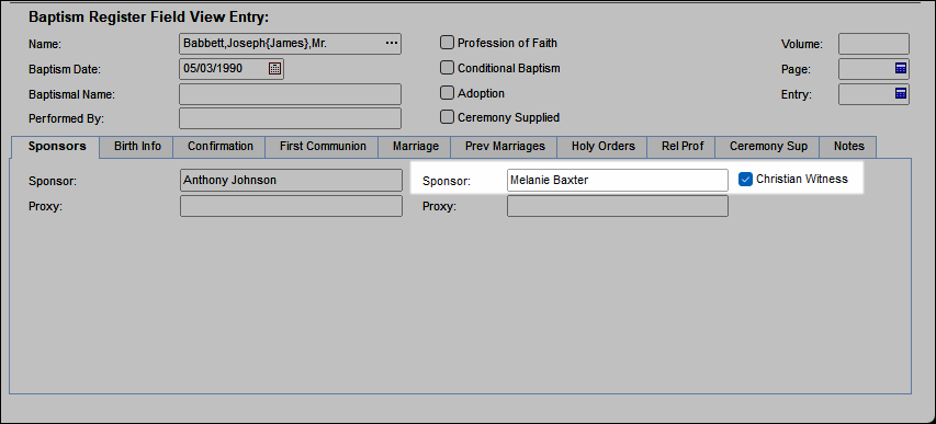Example of the Christian Witness checkbox beside the second Sponsor field on the Sponsors tab of the Baptism Register Entry