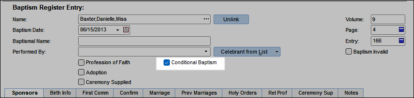 Example of the Conditional Baptism checkbox on the Baptism Register Entry