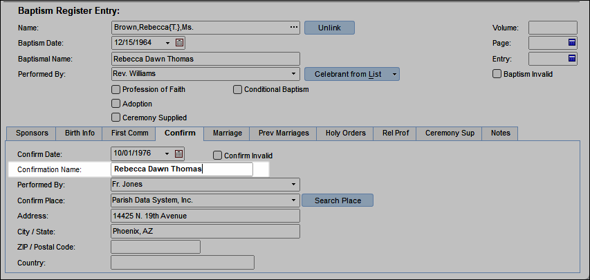 Example of the Confirmation Name field on the Confirm tab of the Baptism Register Entry