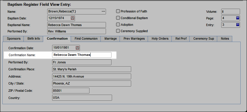 Example of the Confirmation Name on the Confirmation tab of the Baptism Register Entry