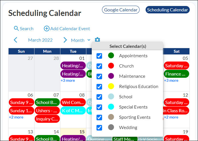 the Scheduling Calendar in Parish Life showing the Appointments calendar events in green, the Church calendar events in red, the Maintenance calendar events in purple, and so on
