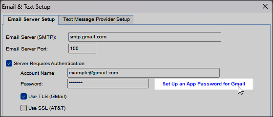 Email & Text Setup window, on the Email Server Setup tab, showing the link labeled "Set Up an App Password for Gmail"