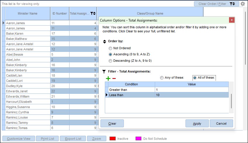 Example showing the Minister listing screen filtered for total assignments