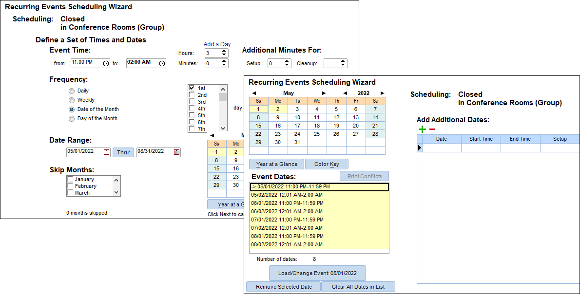 The Scheduling window showing the new "Add a Day" option, and the Event Dates list showing multiple days selected