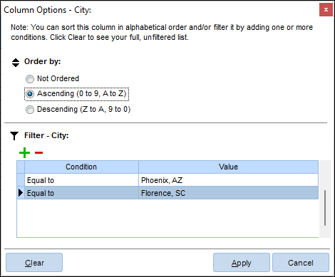 Options window for the "City" column showing "Order by: Ascending" and filters for city "Equal to Phoenix, AZ" and city "Equal to Florence, SC"