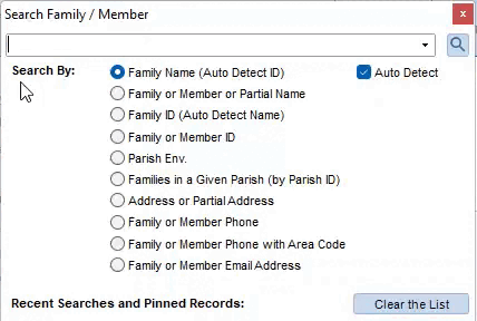 Gif showing the Family/Member Search and how it switches to Family ID if you start typing a number when the Auto Detect option is enabled
