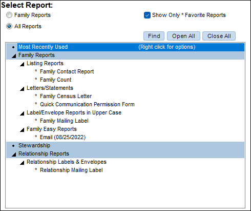 The Reports list showing the option for "Show Only Favorite Reports" selected and only the favorite reports displayed in the list