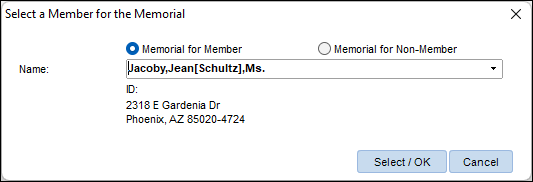 The "Select a Member for the Memorial" dialog box with options for "Memorial for Member" and a Name drop-down list or "Memorial for Non-Member"