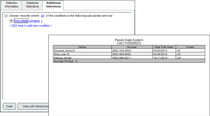 Example showing the custom field used in Additional Selections and the resulting entries in the report