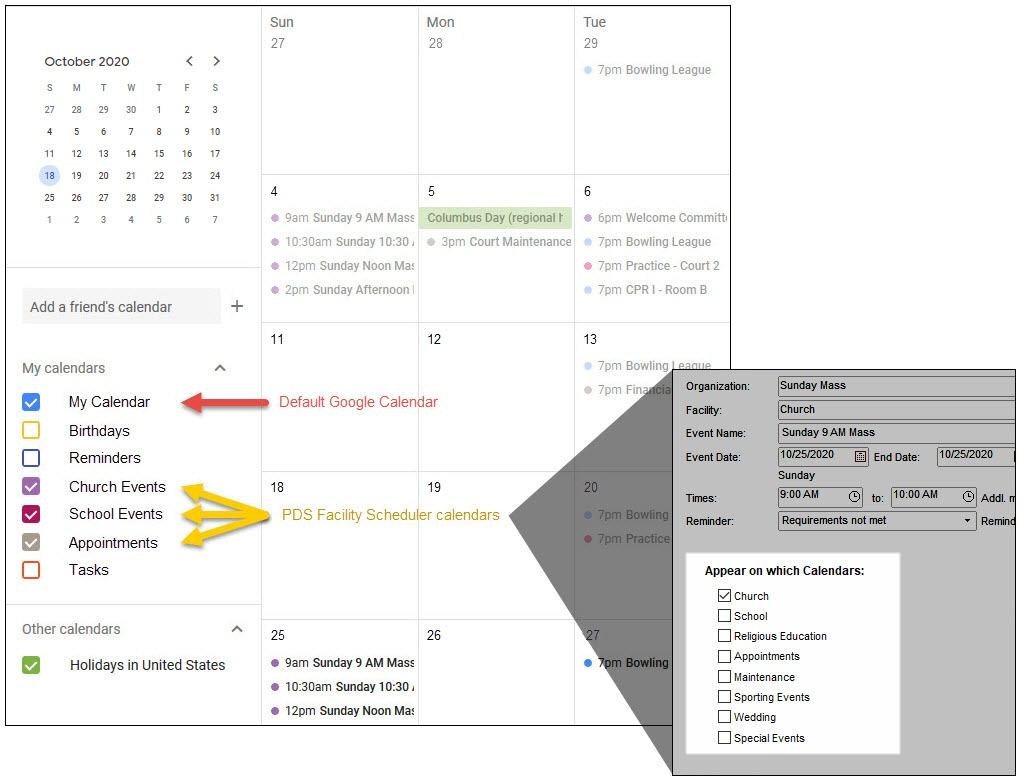 The Google Calendar showing a red arrow pointing to the default calendar called "My Calendar" and yellow arrows pointing to the selected calendars from PDS Facility Scheduler
