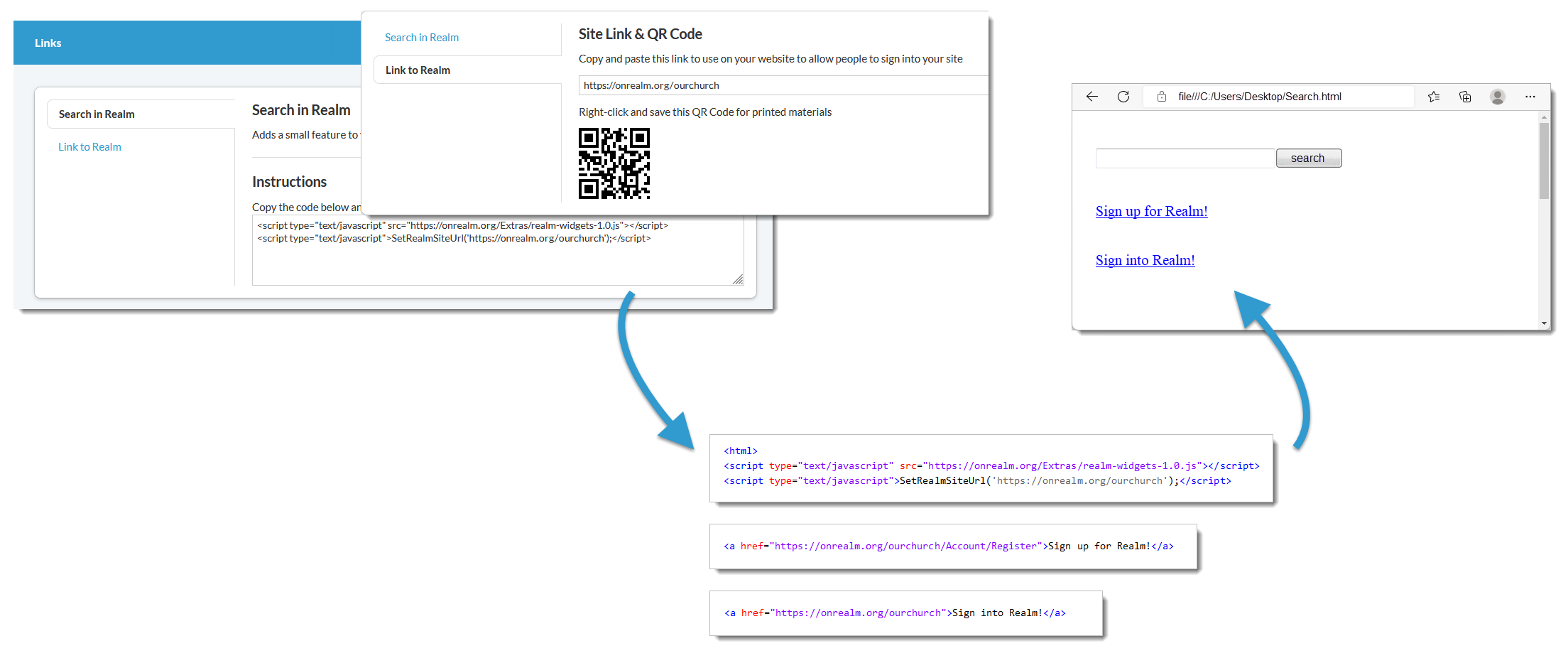 Process for adding links. 1: Copy the code for search box or links from Realm. 2: Paste code into the appropriate file used by your other website. 3: Publish.