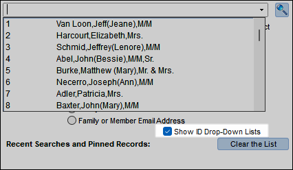 Search box with new option for "Show ID Drop-Down Lists" selected and the ID list displaying