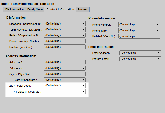 The Import Family Information From a File dialog box showing the new field for "+4 Digits (if Separate)"